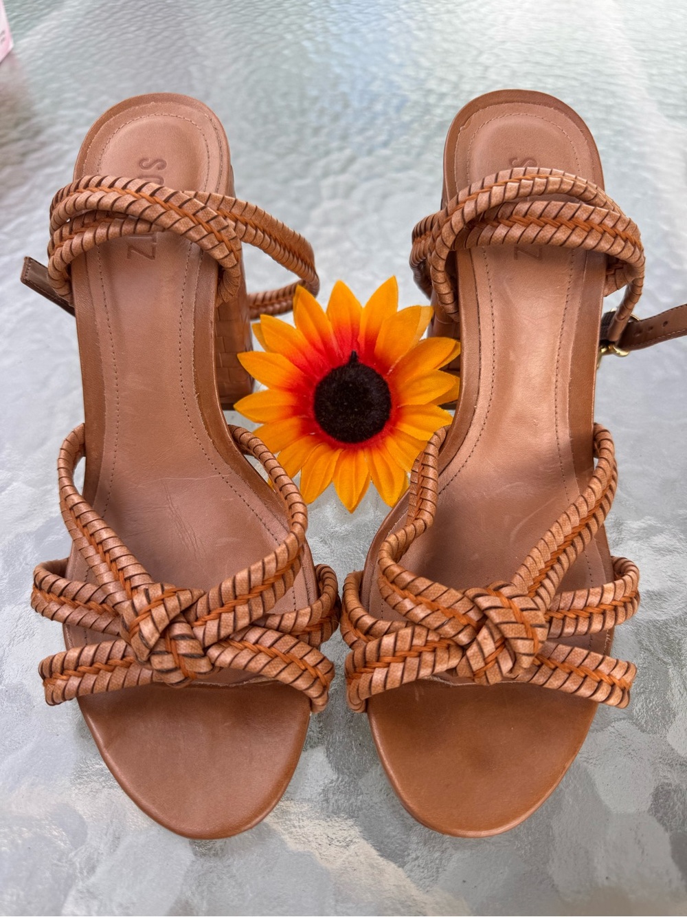 🤎Schutz Tan Braided Leather Block Heel Sandals 10B